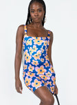 Front view of model wearing  front Princess Polly Boat Neck  Gracen Mini Dress Blue Multi