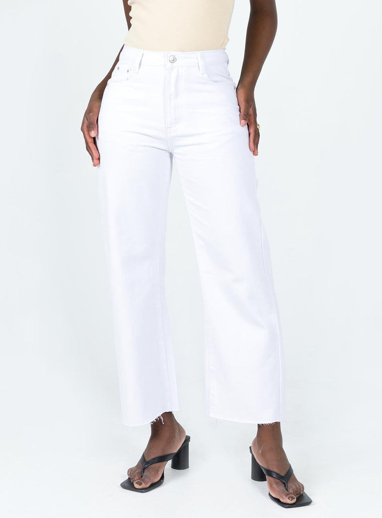 Front view of model wearing  front Princess Polly High Waisted  Cece Hammer Wide Leg Jeans White