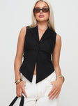 front view of model wearing Princess Polly Campus Long Line Vest Black Sleeveless V-Neck 