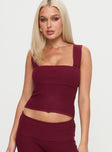 front view of model wearing Princess Polly Mooring Square Neck Top Maroon Sleeveless Square Neck 