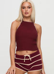 front view of model wearing Princess Polly Arianell Halter Knit Top Maroon Sleeveless High Neck 