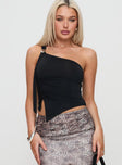 front view of model wearing Princess Polly Tigre One Shoulder Top Black Sleeveless Asymmetric Neckline 