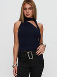 front view of model wearing Princess Polly Anderstone Neck Tie Top Navy Sleeveless Asymmetric Neckline 