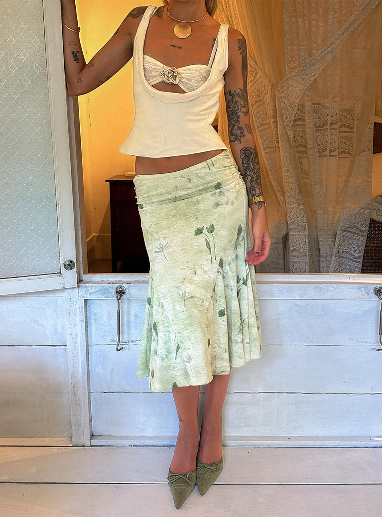 back view of model wearing Princess Polly Lewish Low Rise Midi Skirt Green Floral Midi Skirts 