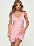 front view of model wearing Princess Polly Harland Mini Dress Pink Plunger 