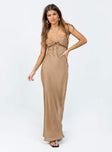 Front view of model wearing  front Princess Polly V-Neck  Emily Maxi Dress Brown