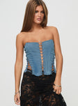 front view of model wearing Princess Polly Eden Lace Up Corset Denim Mid Wash Sleeveless straight 