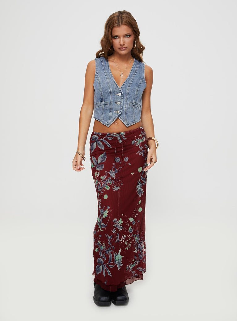   side view of model wearing Princess Polly Buchan Maxi Skirt Red Floral Maxi 