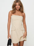 front view of model wearing Princess Polly Langdon Strapless Mini Dress Beige Straight Neck 