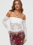 front view of model wearing Princess Polly Float Lace Top White Full Sleeves Square Neck 