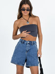 front view of model wearing Princess Polly Lou Carpenter Denim Shorts Mid Wash High Waisted Shorts 