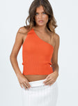 Front view of model wearing  front Princess Polly Sleeveless Asymmetric Neckline  Denham One Shoulder Top Orange