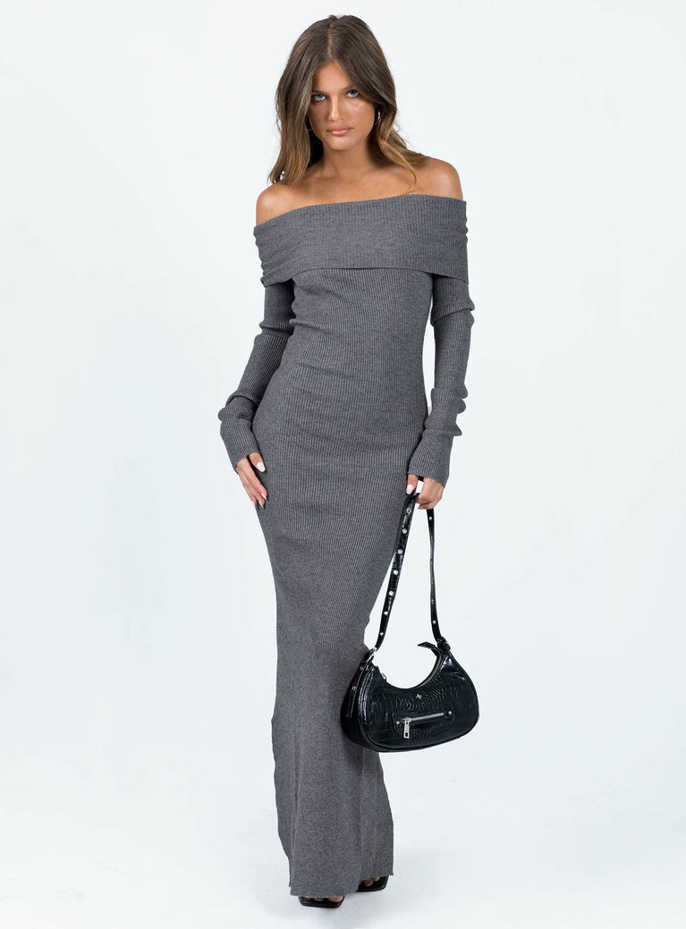 Front view of model wearing  front Princess Polly Boat Neck  Phylis Off The Shoulder Maxi Dress Slate