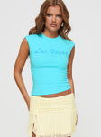 front view of model wearing Princess Polly Las Vegas Top Blue Sleeveless Crew Neck 