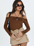 side view of model wearing Princess Polly Randee Long Sleeve Bodysuit Brown Full Sleeves straight 