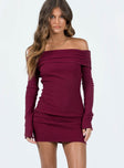 Front view of model wearing  front Princess Polly Asymmetric Neckline  Camtel Off The Shoulder Mini Dress Burgundy