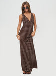 side view of model wearing Princess Polly Nellie Maxi Dress Brown Polka Dot V-Neck 