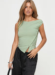 front view of model wearing Princess Polly Karre Off The Shoulder Top Green Sleeveless Asymmetric Neckline 