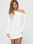 front view of model wearing Princess Polly Holveck Off The Shoulder Mini Dress White Asymmetric Neckline 