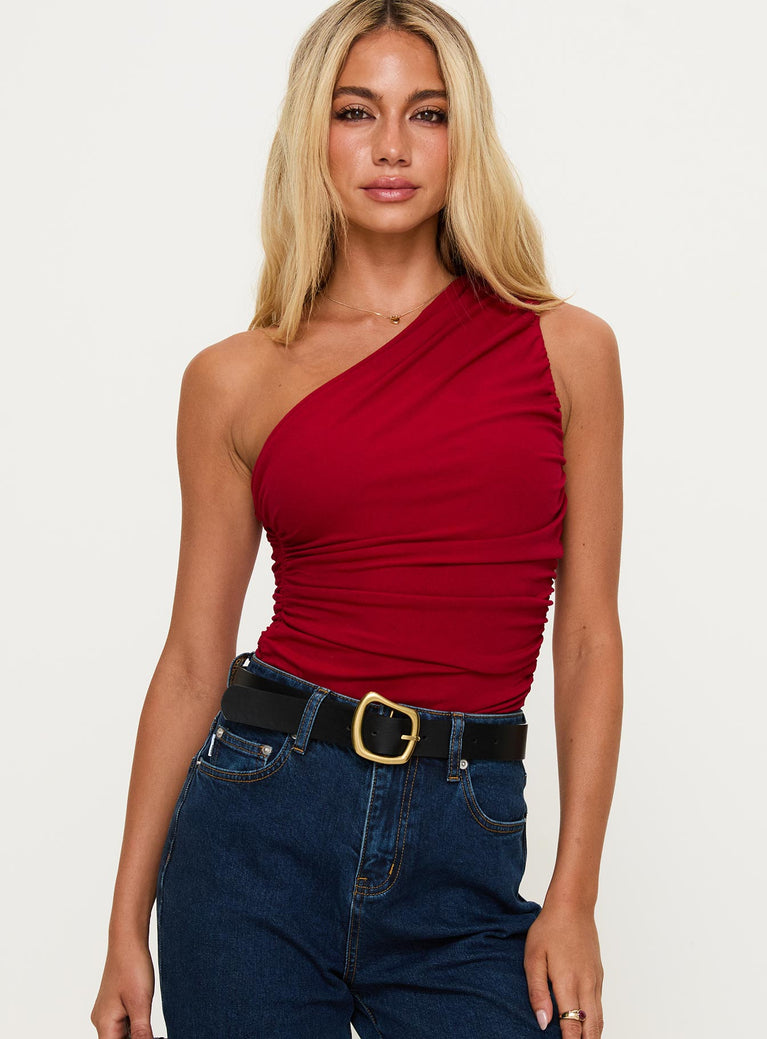 Heston Asymmetrical Ruched Bodysuit Red