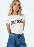 Front view of model wearing  front Princess Polly Short Sleeves Square Neck  Destination California Tee Grey