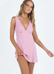 Front view of model wearing  front Princess Polly V-Neck  Nellie Mini Dress Gin Fizz Pink