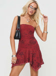 front view of model wearing Princess Polly Adonis Mini Dress Red Floral Straight Neck 