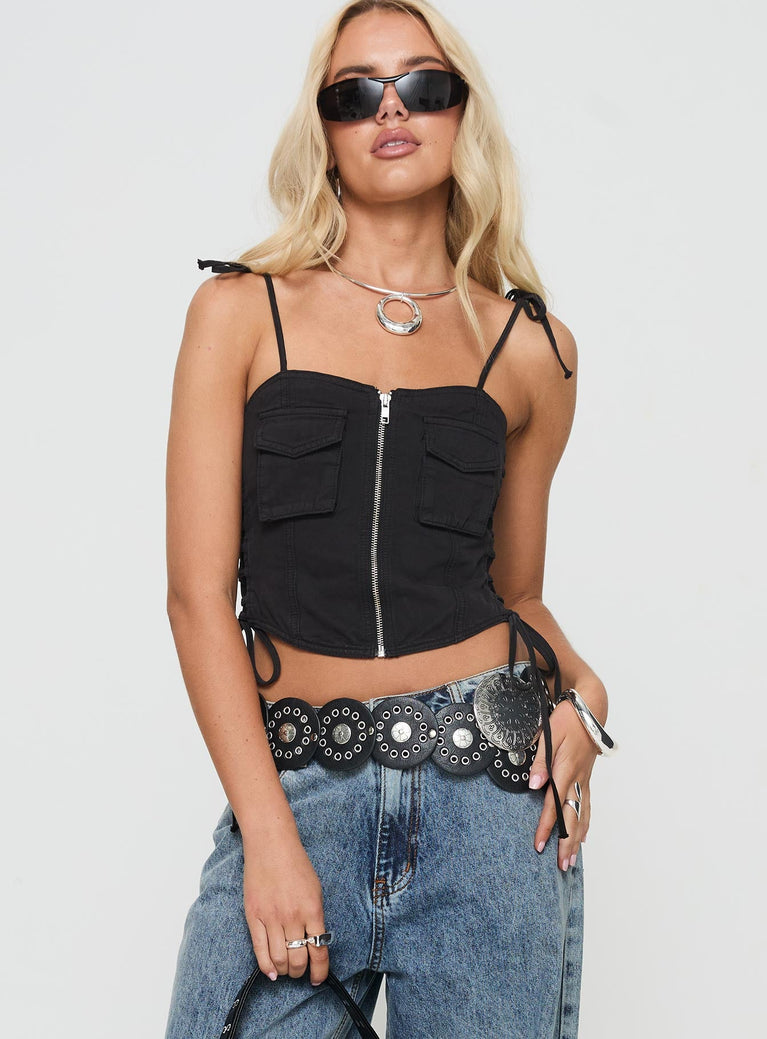 front view of model wearing Princess Polly Dalloren Denim Cargo Top Black Sleeveless Square Neck 