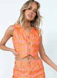 front view of model wearing Princess Polly The Ragged Priest Dummy Waistcoat Orange Sleeveless V-Neck 