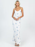 Front view of model wearing  front Princess Polly Sweetheart Neckline  Sing Along Maxi Dress White / Blue Tall