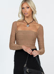 front view of model wearing Princess Polly Delany Bodysuit Beige Tall Full Sleeves Square Neck 