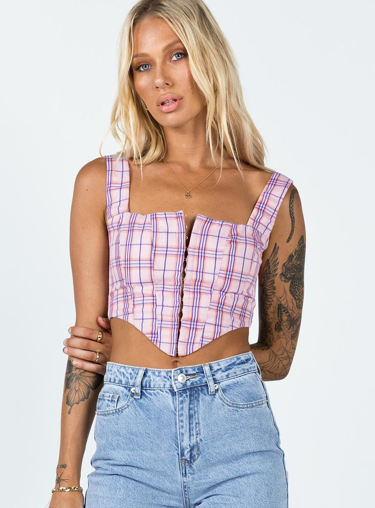 front view of model wearing Princess Polly Day Dreaming Top Pink Check 