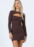 front view of model wearing Princess Polly Alexander Mini Dress Brown 