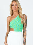 front view of model wearing Princess Polly Emerton Bodysuit Green Sleeveless Asymmetric Neckline 