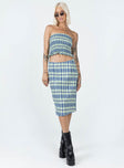 Front view of model wearing  front Motel Harriet Skirt Colourpop Check Blue Princess Polly  