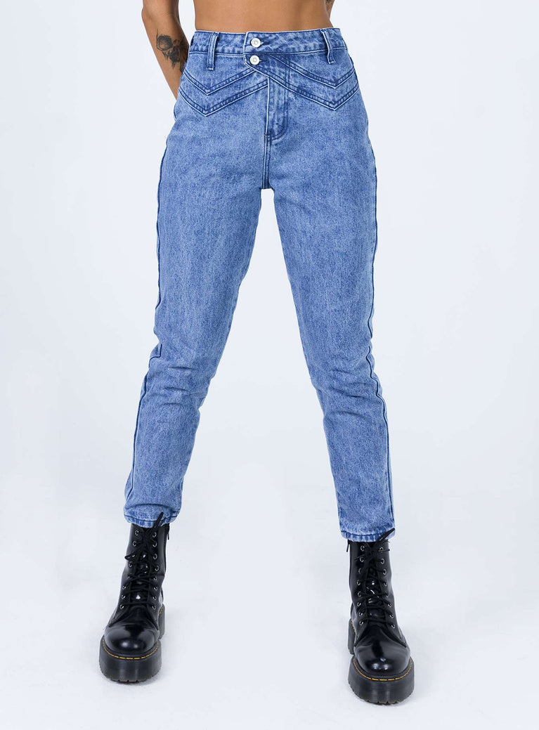 front view of model wearing Princess Polly Vernazza Yolk Detail Denim Jeans High Waisted 