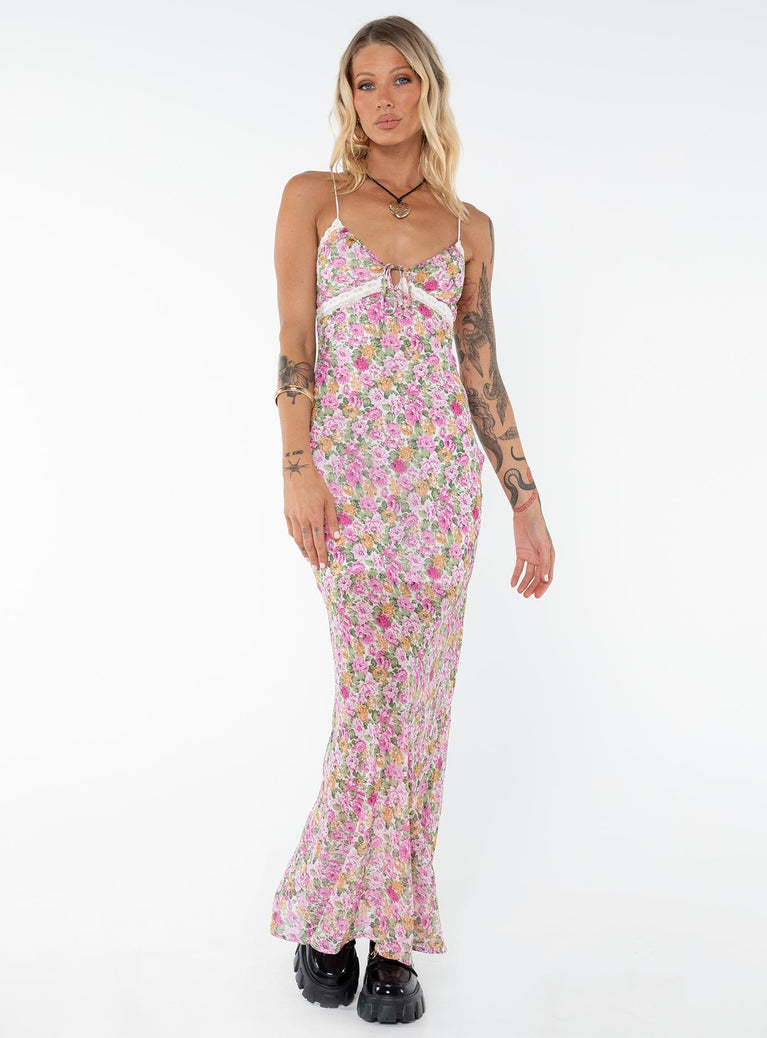 Front view of model wearing  front Princess Polly Crew Neck  Emily Maxi Dress Pink Floral Tall