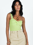 front view of model wearing Princess Polly Bareena Bodysuit Green Sleeveless Asymmetric Neckline 