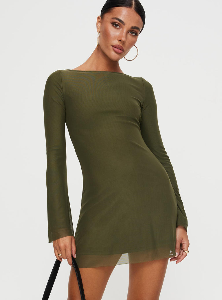 product Princess Polly High Neck  Lukea Long Sleeve Mini Dress Olive Mesh