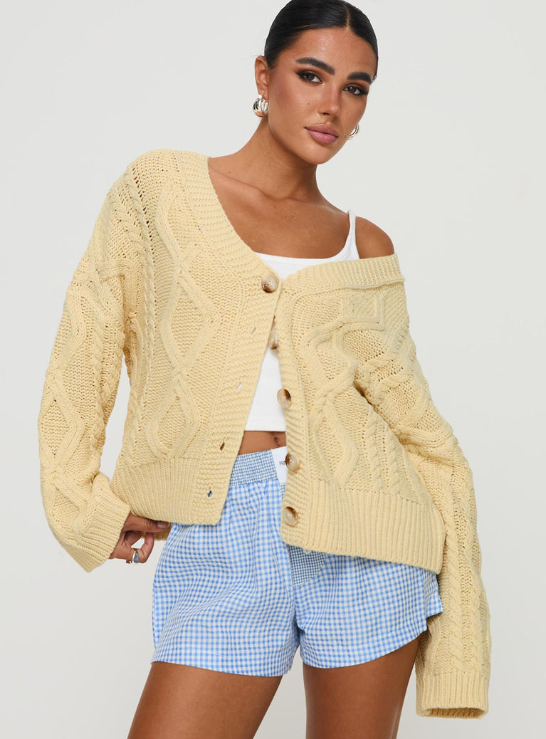 front view of model wearing Princess Polly Daxtan Cable Cardigan Lemon Cropped 