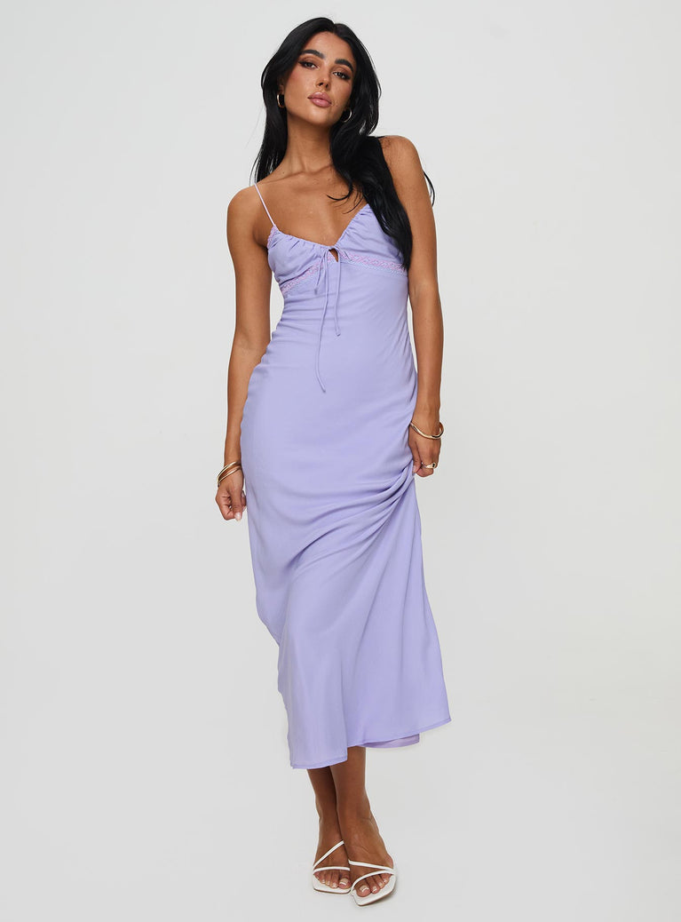 front view of model wearing Princess Polly Emily Maxi Dress Lilac Plunger 