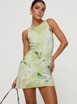 front view of model wearing Princess Polly Vivre Mini Dress Green Floral Crew Neck 