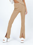 Front view of model wearing  front Princess Polly High Waisted Pants High Waisted Pants  Fayth Ribbed Pants Brown