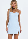 Front view of model wearing  front Princess Polly Square Neck  Briana Mini Dress Blue