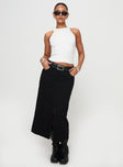   side view of model wearing Princess Polly Sumac Midi Skirt Black Midi Skirts 