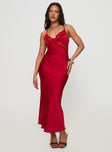 front view of model wearing Princess Polly Treasure Bias Cut Maxi Dress Red V-Neck 