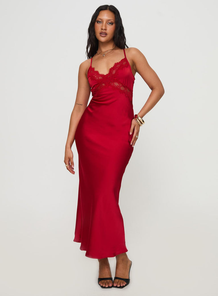 front view of model wearing Princess Polly Treasure Bias Cut Maxi Dress Red V-Neck 