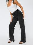 side view of model wearing Princess Polly Karlina High Rise Straight Leg Jean Charcoal High Waisted 