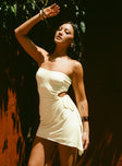 front view of model wearing Princess Polly Twyla Strapless Mini Dress Yellow Asymmetric Neckline 