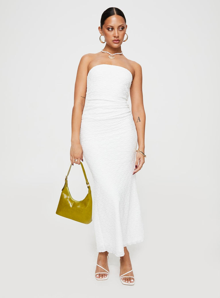 Front view of model wearing  front Princess Polly Asymmetric Neckline  Ruskin Strapless Maxi Dress White